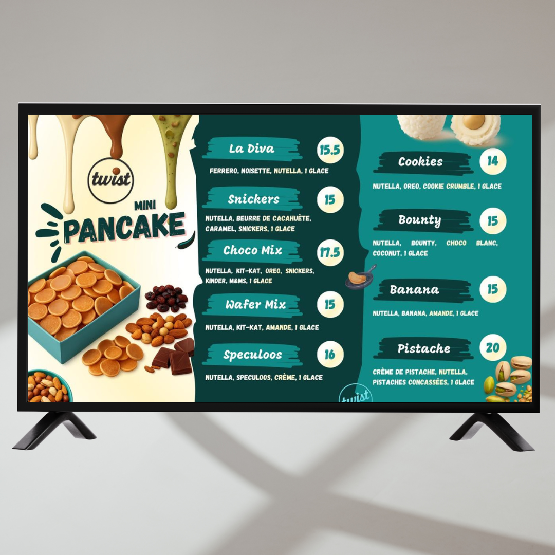 Affichage menu sur écran TV restaurant